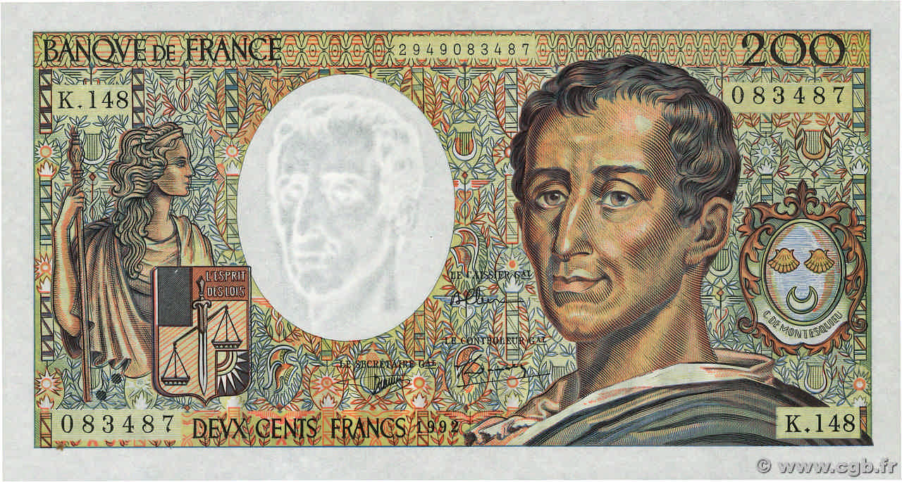 200 Francs MONTESQUIEU FRANCIA  1992 F.70.12c AU+