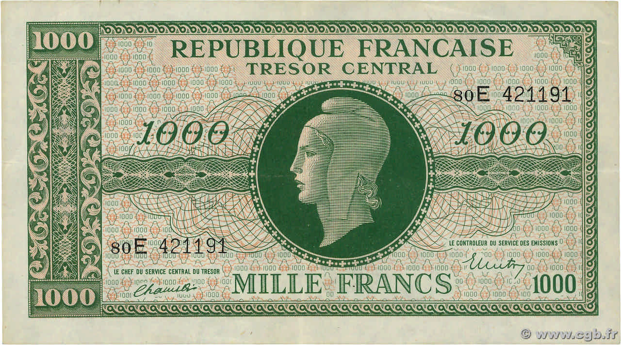 1000 Francs MARIANNE THOMAS DE LA RUE FRANCE  1945 VF.13.02 XF-
