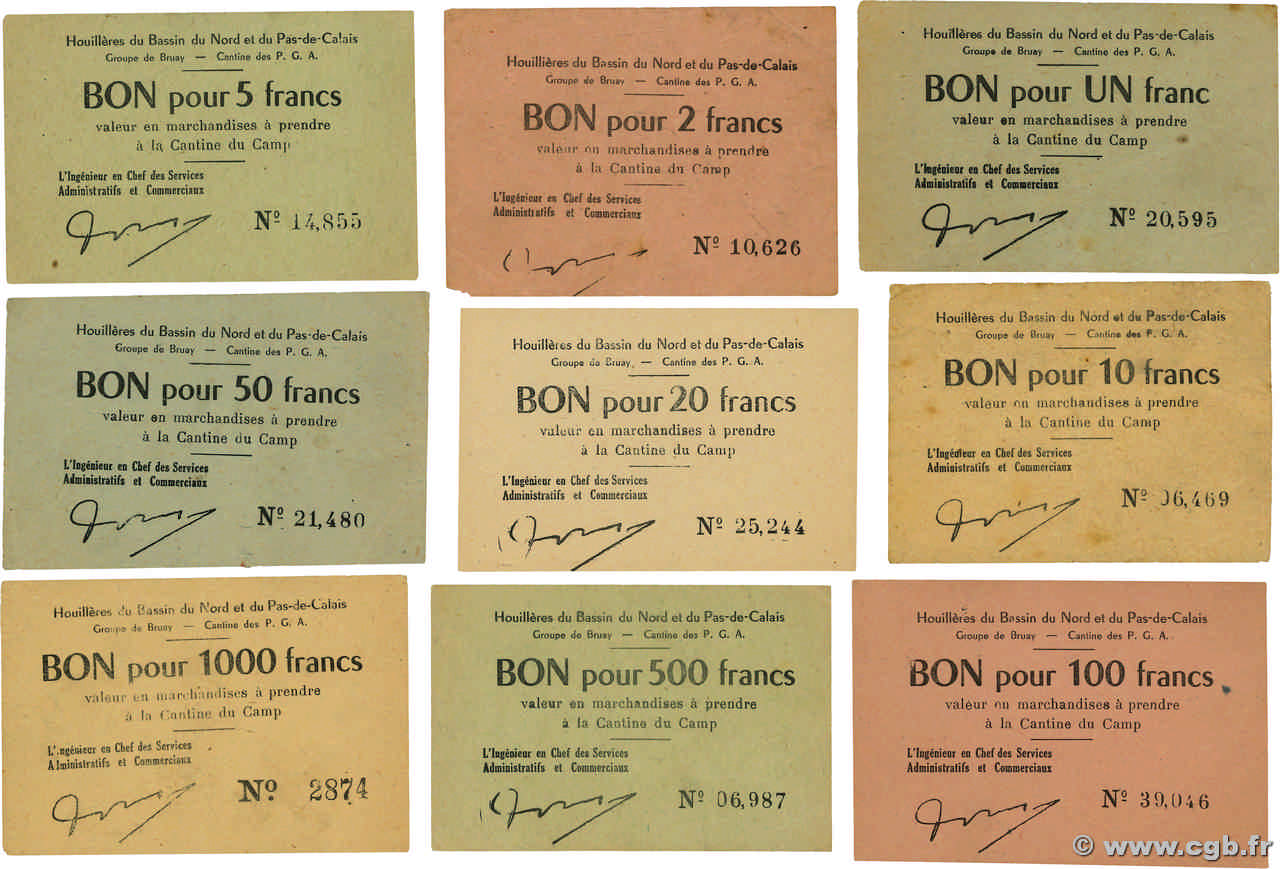 1, 2, 5, 10, 20, 50, 100, 500 et 1000 Francs Lot FRANCE regionalism and miscellaneous Bruay 1945 K.067.01 à 10 VF+