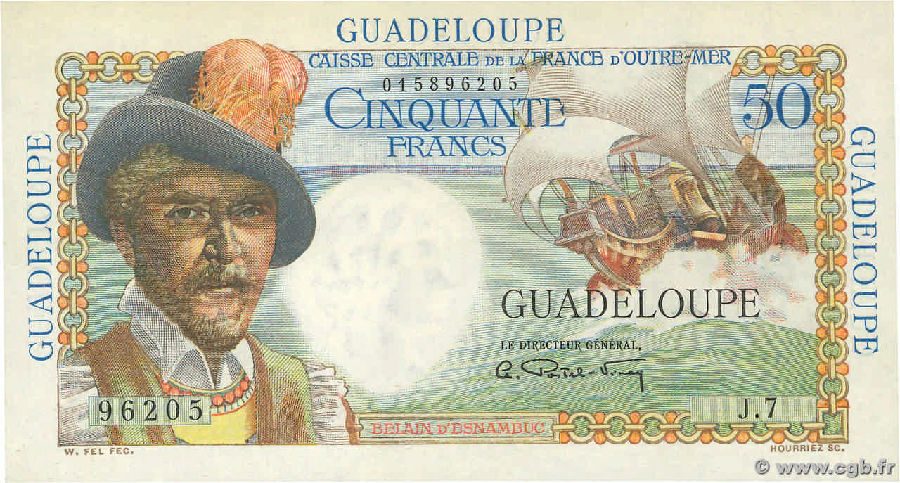 50 Francs Belain d Esnambuc GUADELOUPE  1946 P.34 q.FDC
