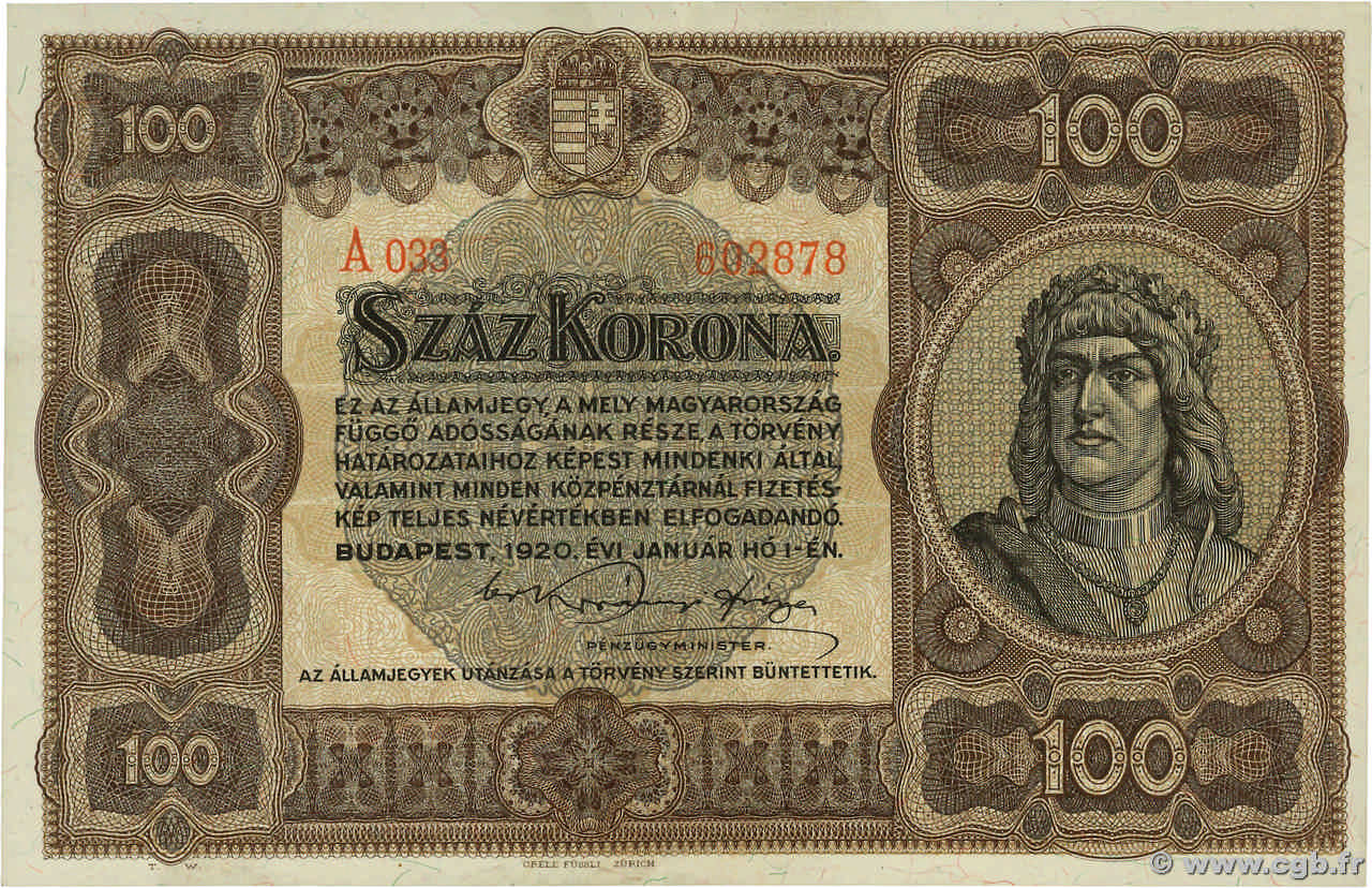 100 Korona HUNGARY  1920 P.063 AU-