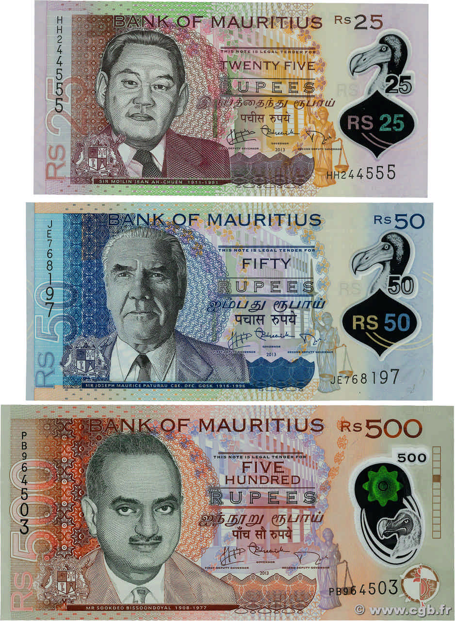25, 50 et 500 Rupees Lot MAURITIUS  2013 P.64, P.65 et P.66a UNC