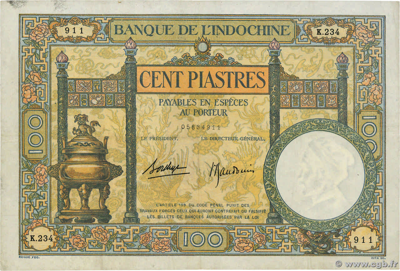 100 Piastres INDOCINA FRANCESE  1936 P.051d q.BB