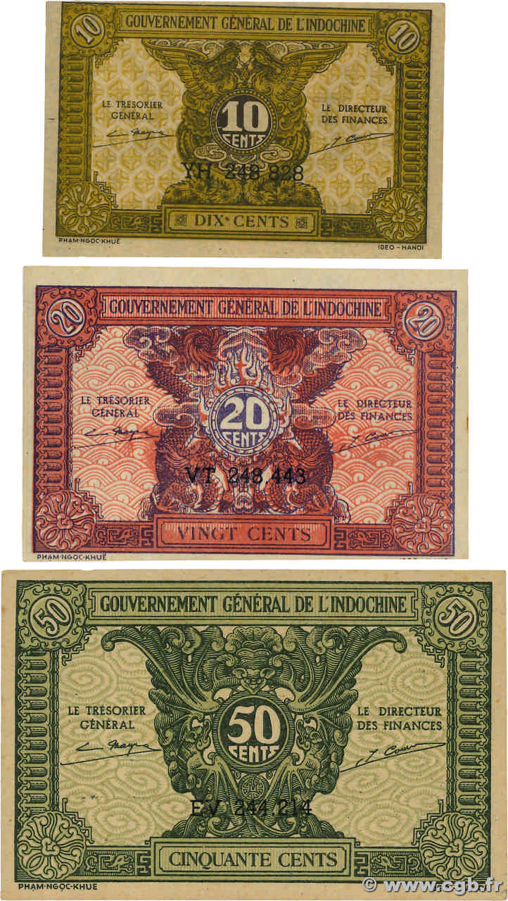 10, 20 et 50 Cents Lot FRENCH INDOCHINA  1942 P.089a, P.090 et P.091a UNC-