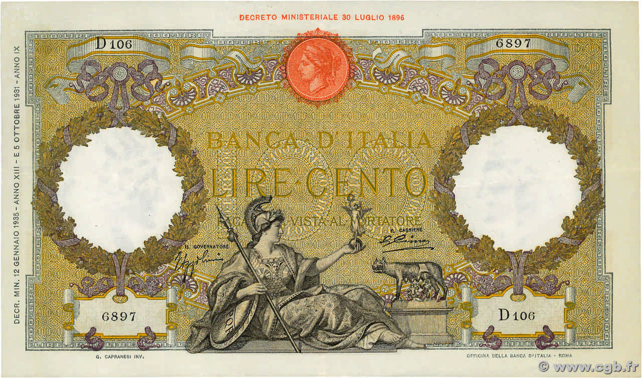 100 Lire ITALIA  1935 P.055a SPL