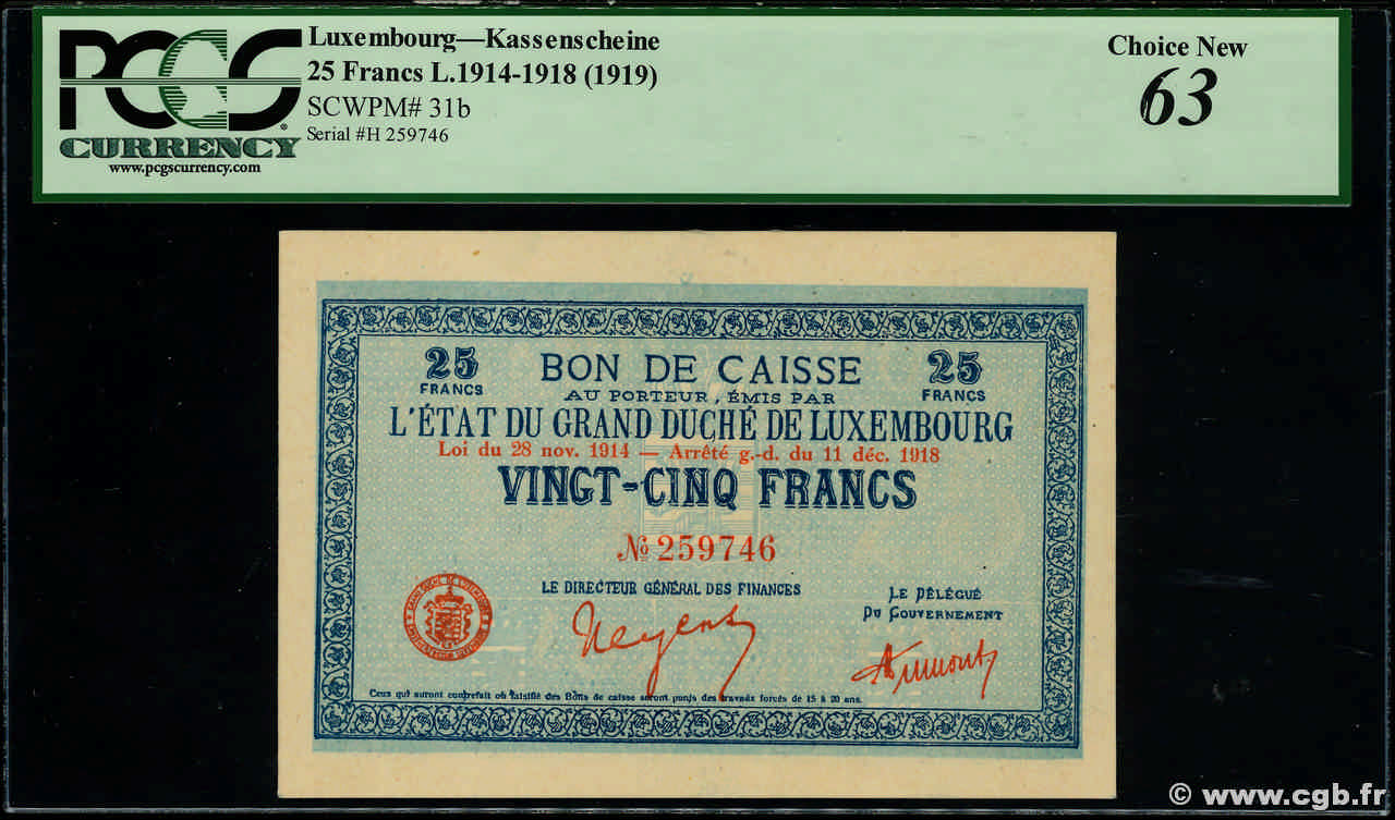 25 Francs LUXEMBOURG  1919 P.31b UNC-
