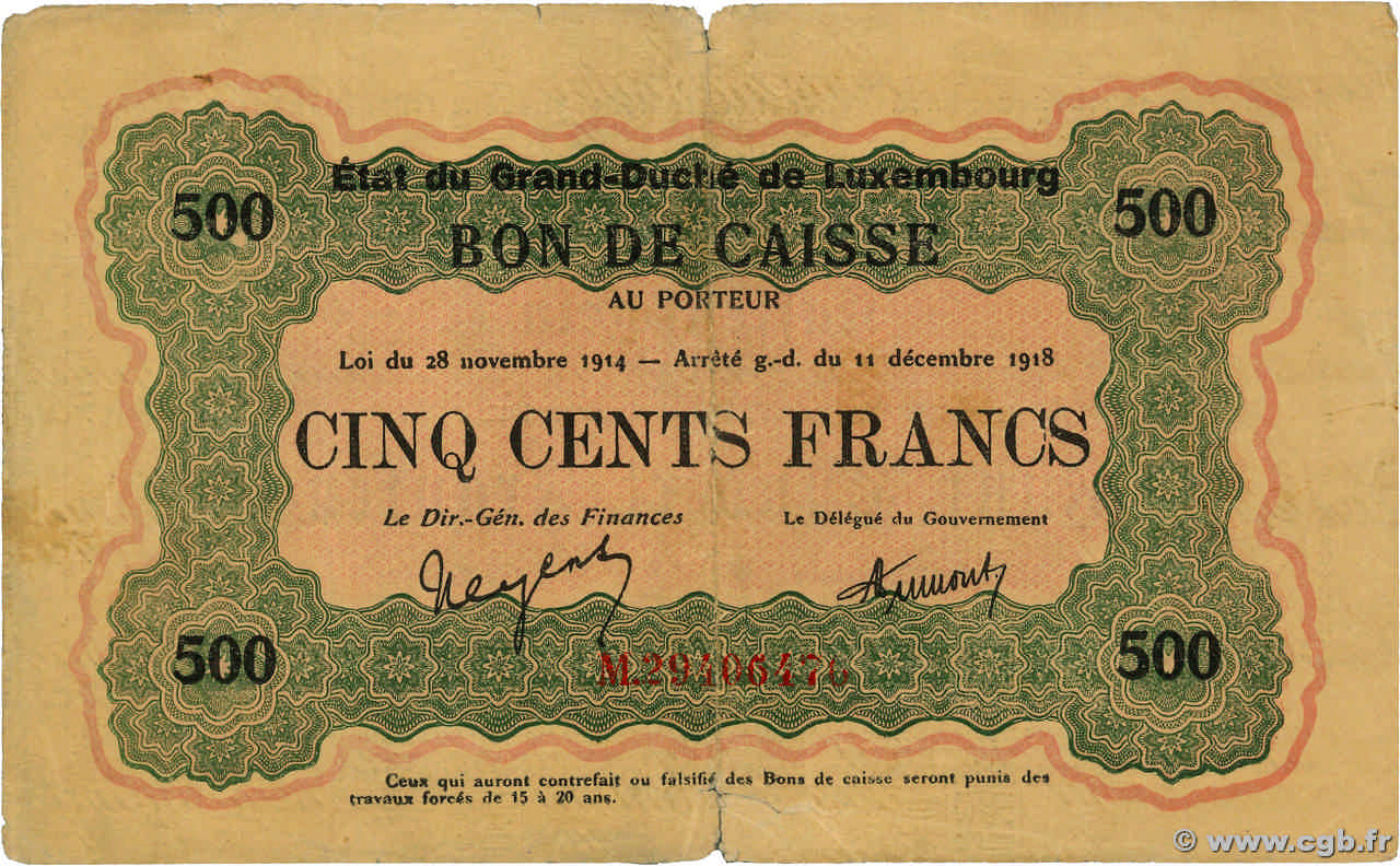 500 Francs LUSSEMBURGO  1919 P.33b q.BB