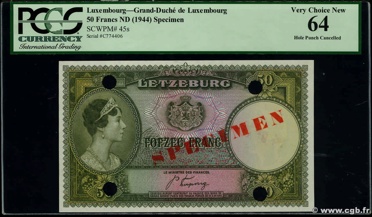 50 Francs Spécimen LUXEMBOURG  1944 P.46s pr.NEUF