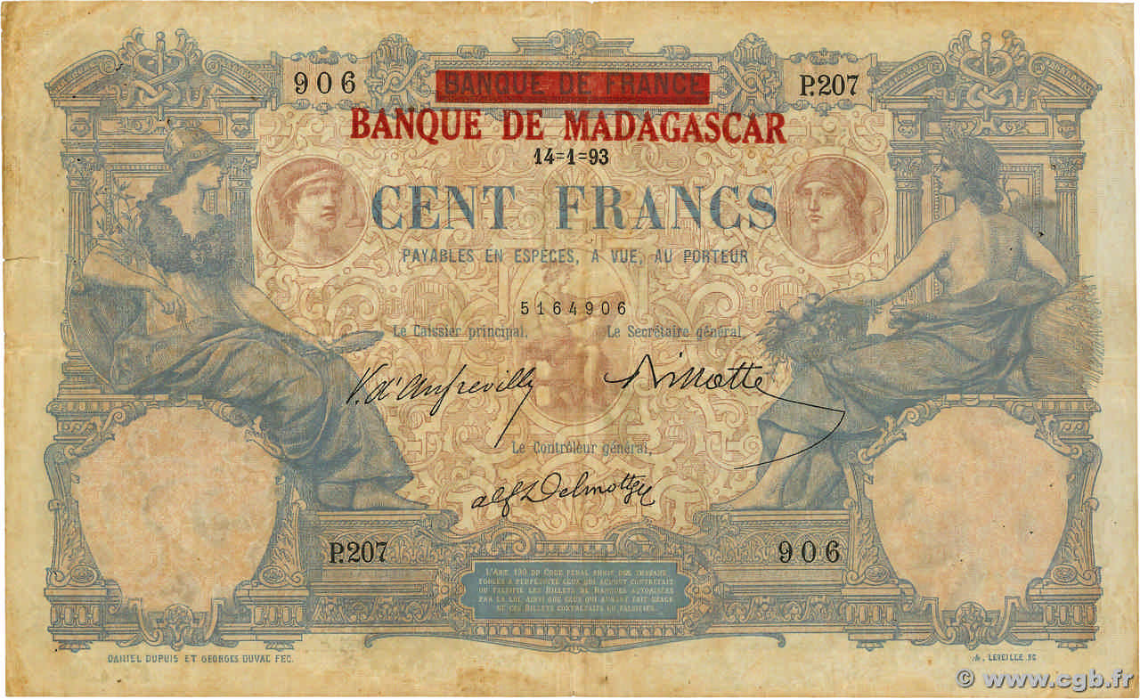 100 Francs MADAGASCAR  1893 P.034 RC+