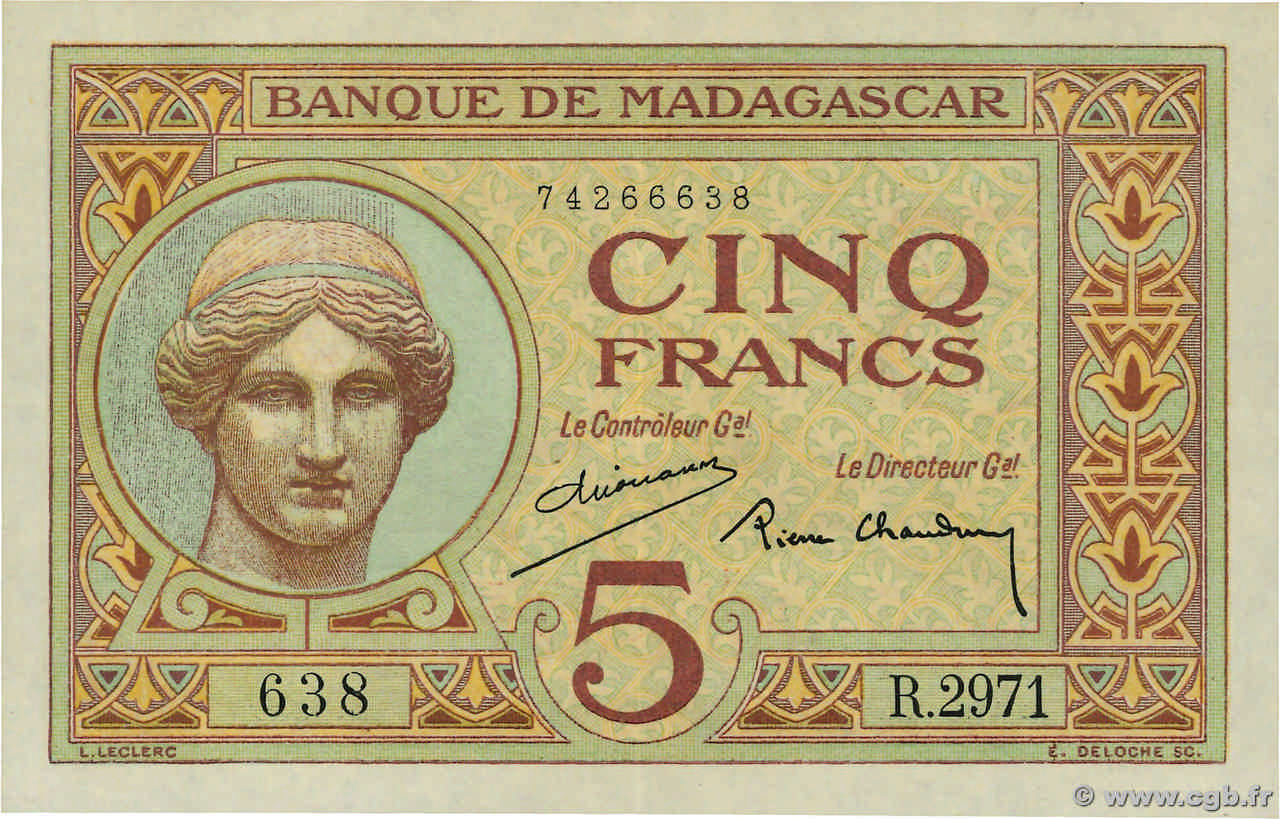 5 Francs MADAGASKAR  1937 P.035 VZ