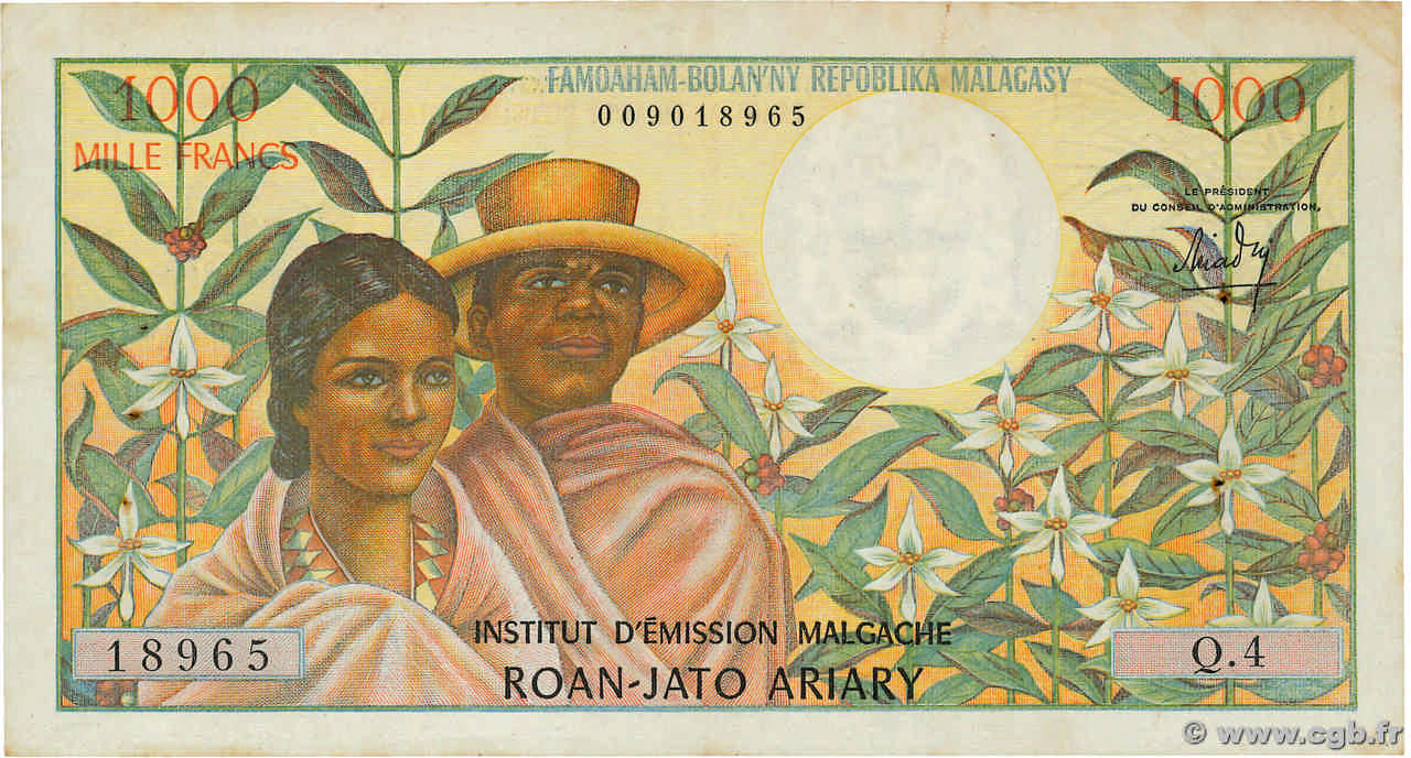 1000 Francs - 200 Ariary MADAGASCAR  1966 P.059a MBC