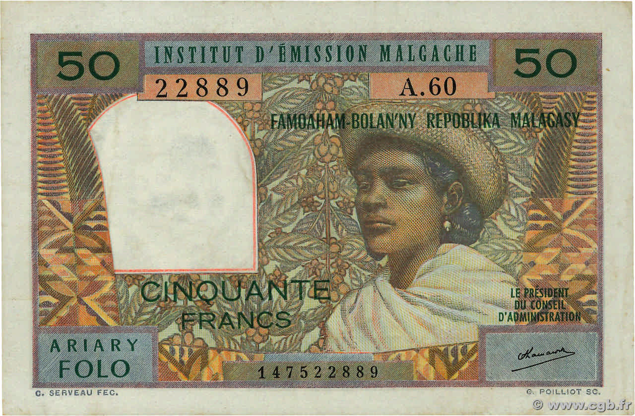 50 Francs - 10 Ariary MADAGASCAR  1962 P.061 VF