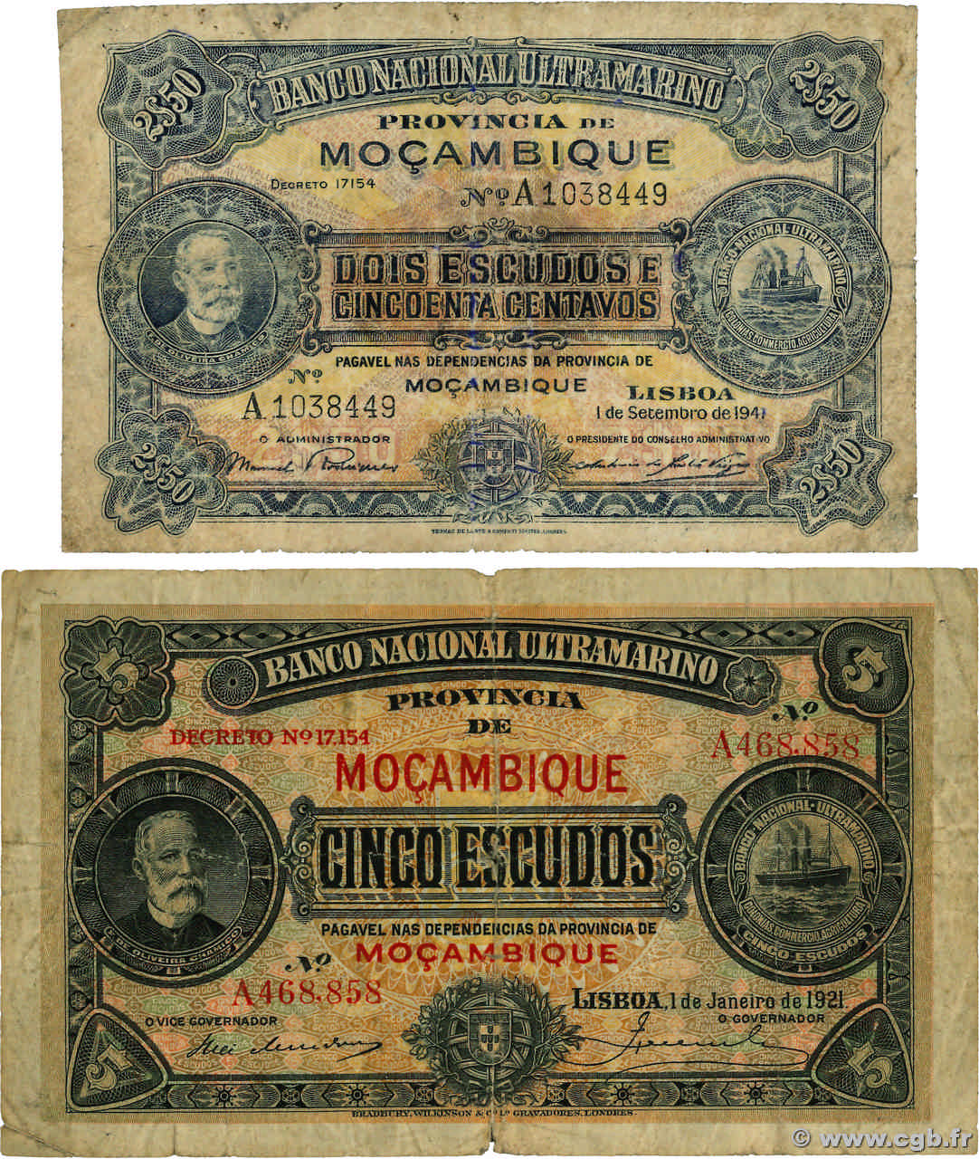 2,5 et 5 Escudos Lot MOZAMBIK  1921 P.068a et P.082 SGE