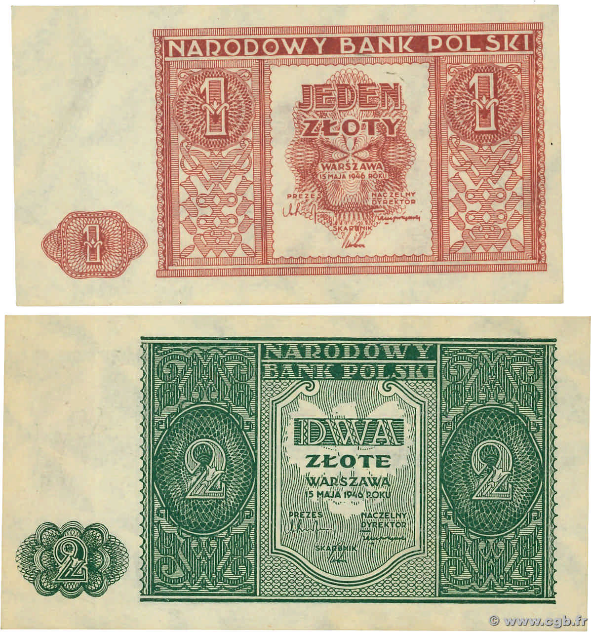 1 Zloty et 2 Zlote Lot POLAND  1946 P.123 et P.124 UNC-
