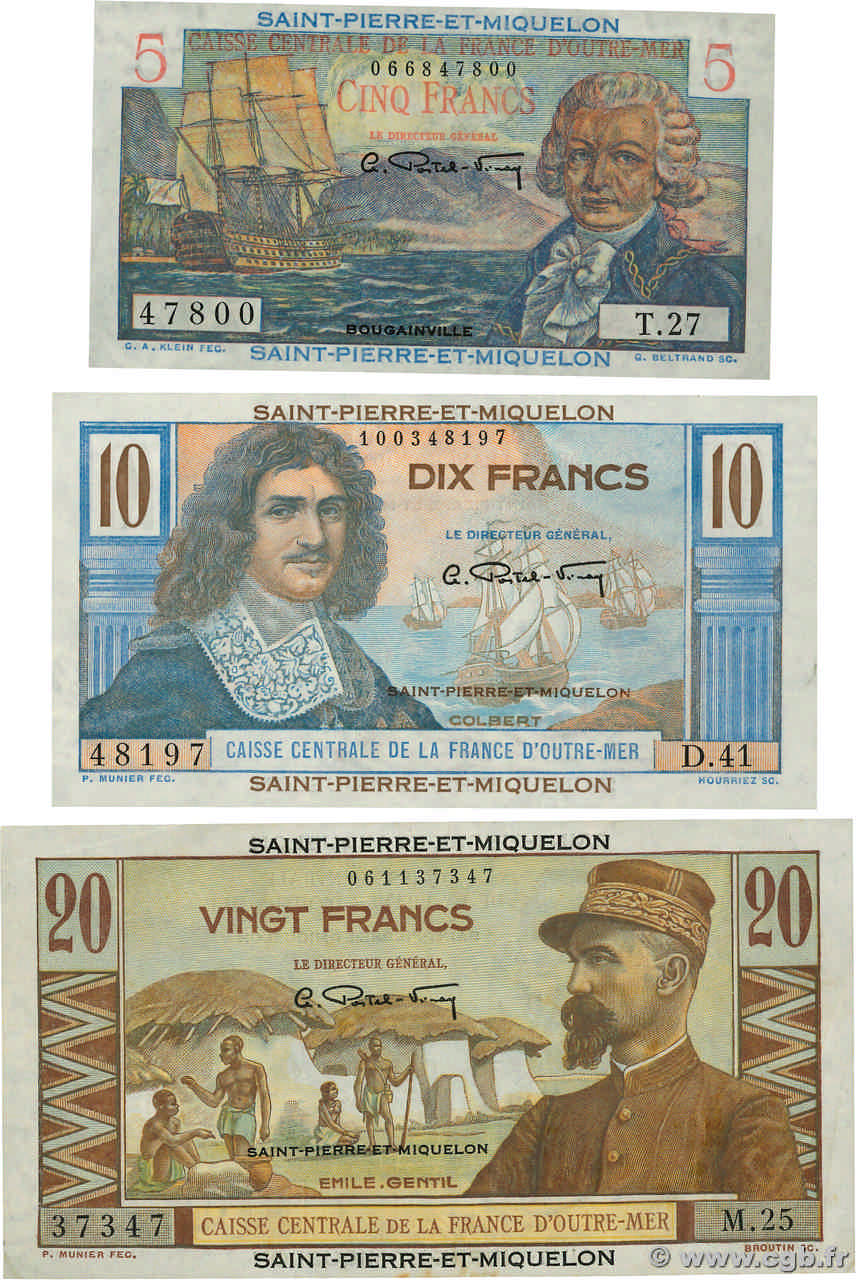 5 Francs Bougainville, 10 Francs Colbert et 20 Francs Émile Gentil Lot SAINT PIERRE AND MIQUELON  1946 P.22, P.23 et P.24 AU