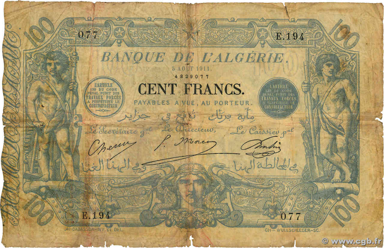 100 Francs ALGERIEN  1911 P.074 SGE