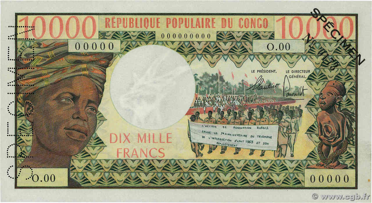 10000 Francs Spécimen CONGO  1971 P.01s AU