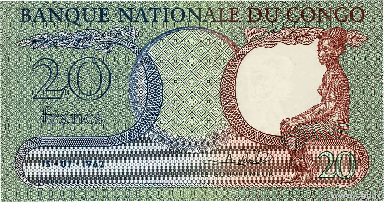 20 Francs RÉPUBLIQUE DÉMOCRATIQUE DU CONGO  1962 P.004a NEUF