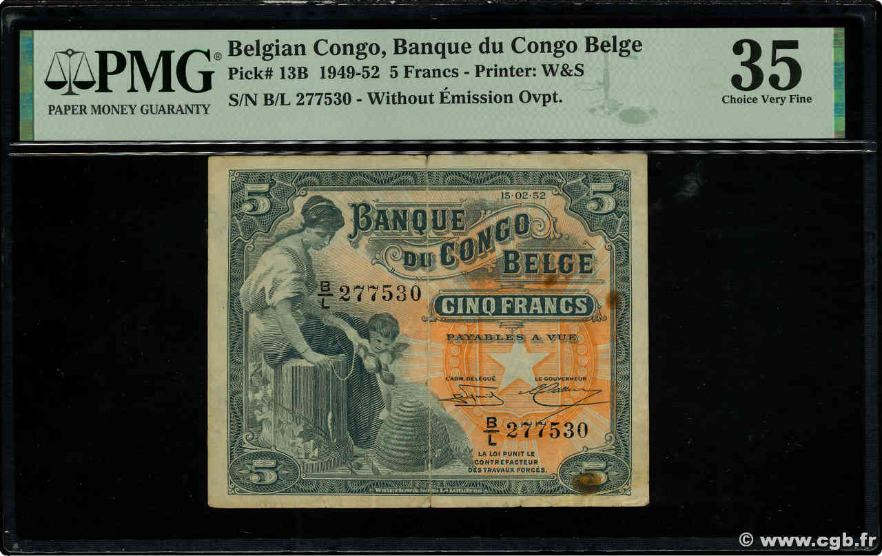 5 Francs BELGIAN CONGO  1952 P.13B VF+