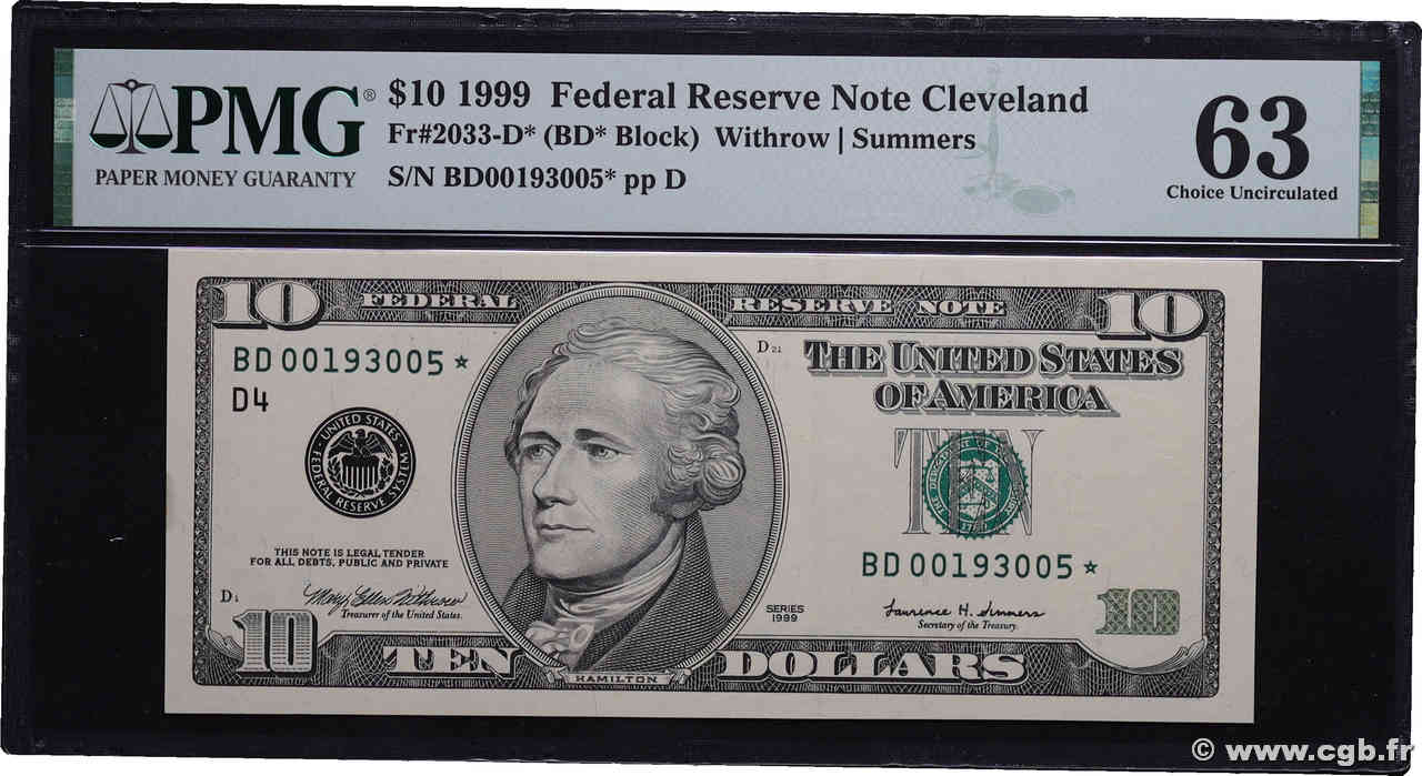 10 Dollars Remplacement UNITED STATES OF AMERICA Cleveland  1999 P.506* UNC-