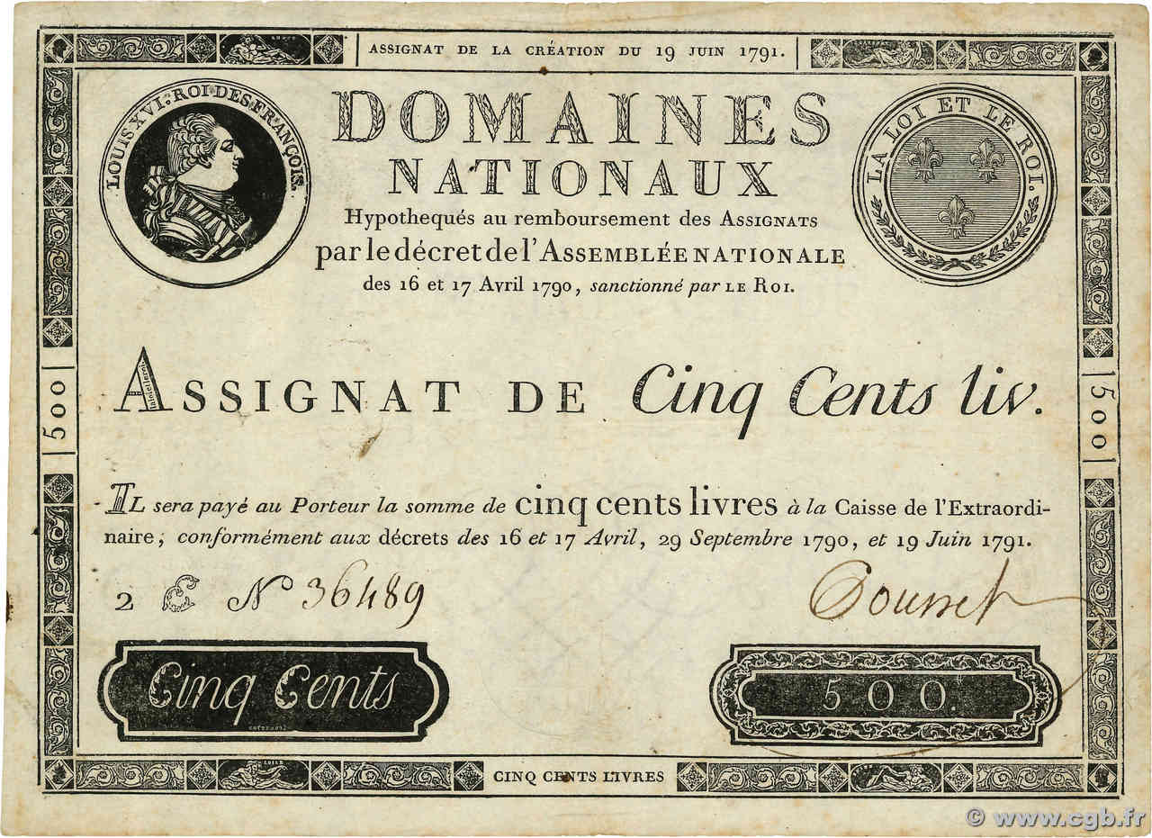 500 Livres FRANCE  1791 Ass.16a VF