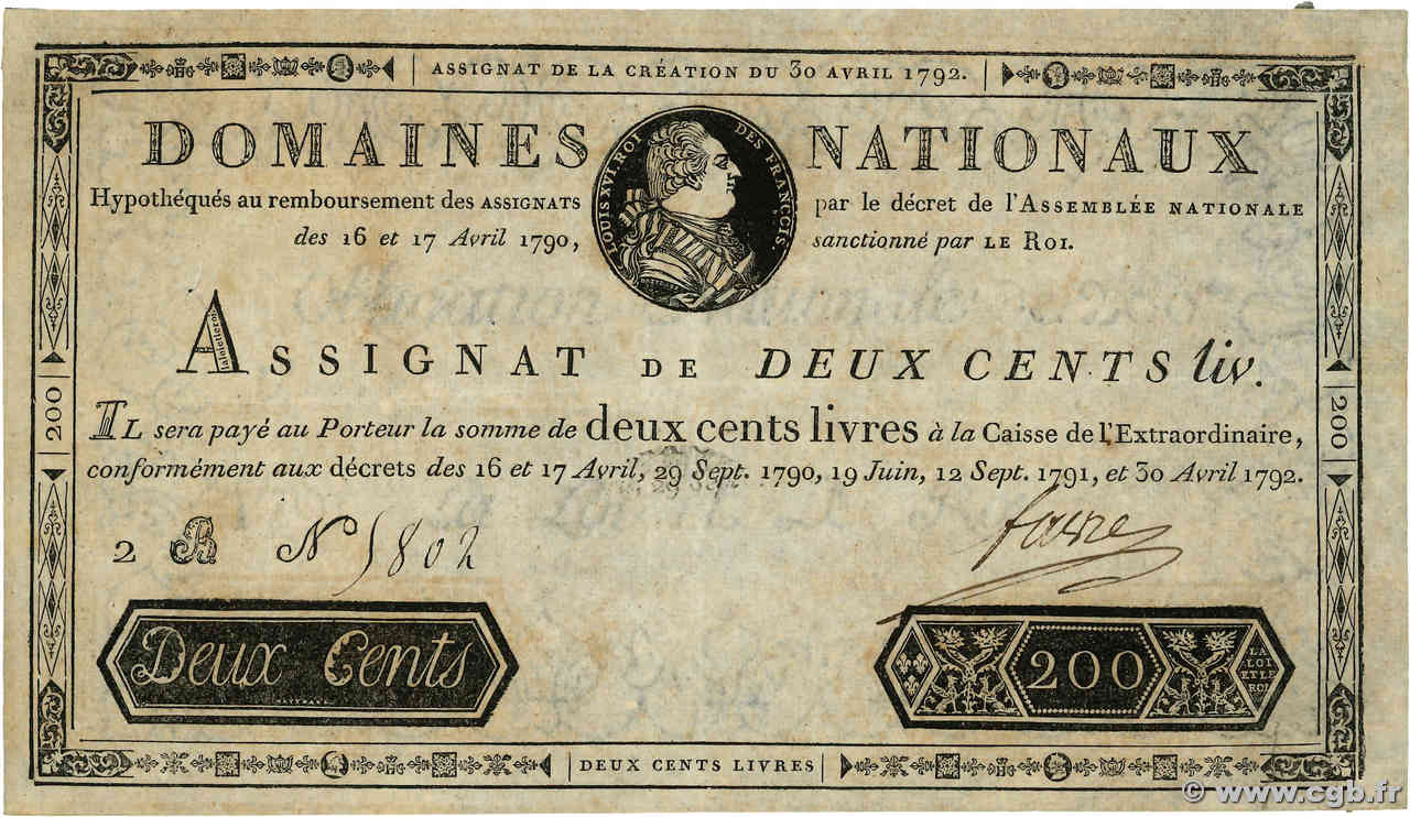 200 Livres FRANCE  1792 Ass.29a TTB+