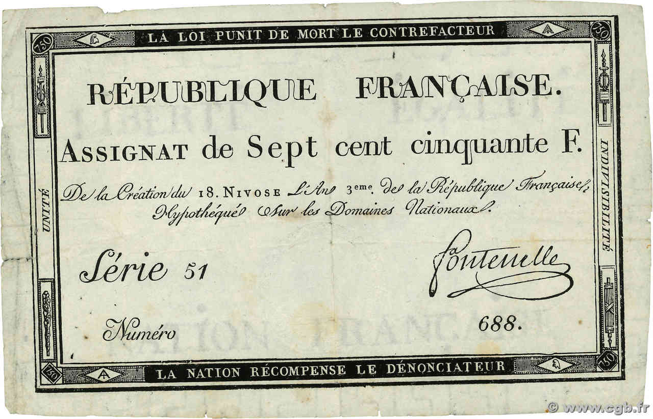 750 Francs FRANCE  1795 Ass.49a VF-