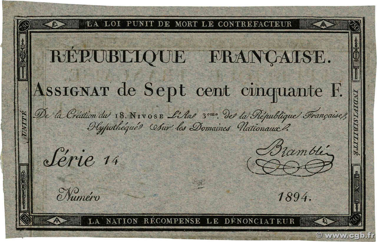 750 Francs Épreuve FRANCE  1795 Ass.49p XF+