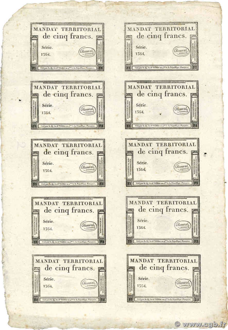 5 Francs Monval sans cachet Planche FRANCE  1796 Ass.63ap AU-