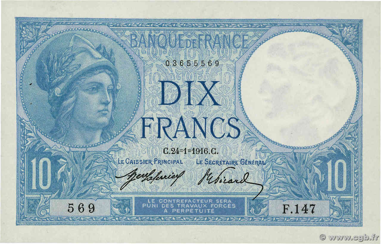 10 Francs MINERVE FRANCE  1916 F.06.01 SUP+