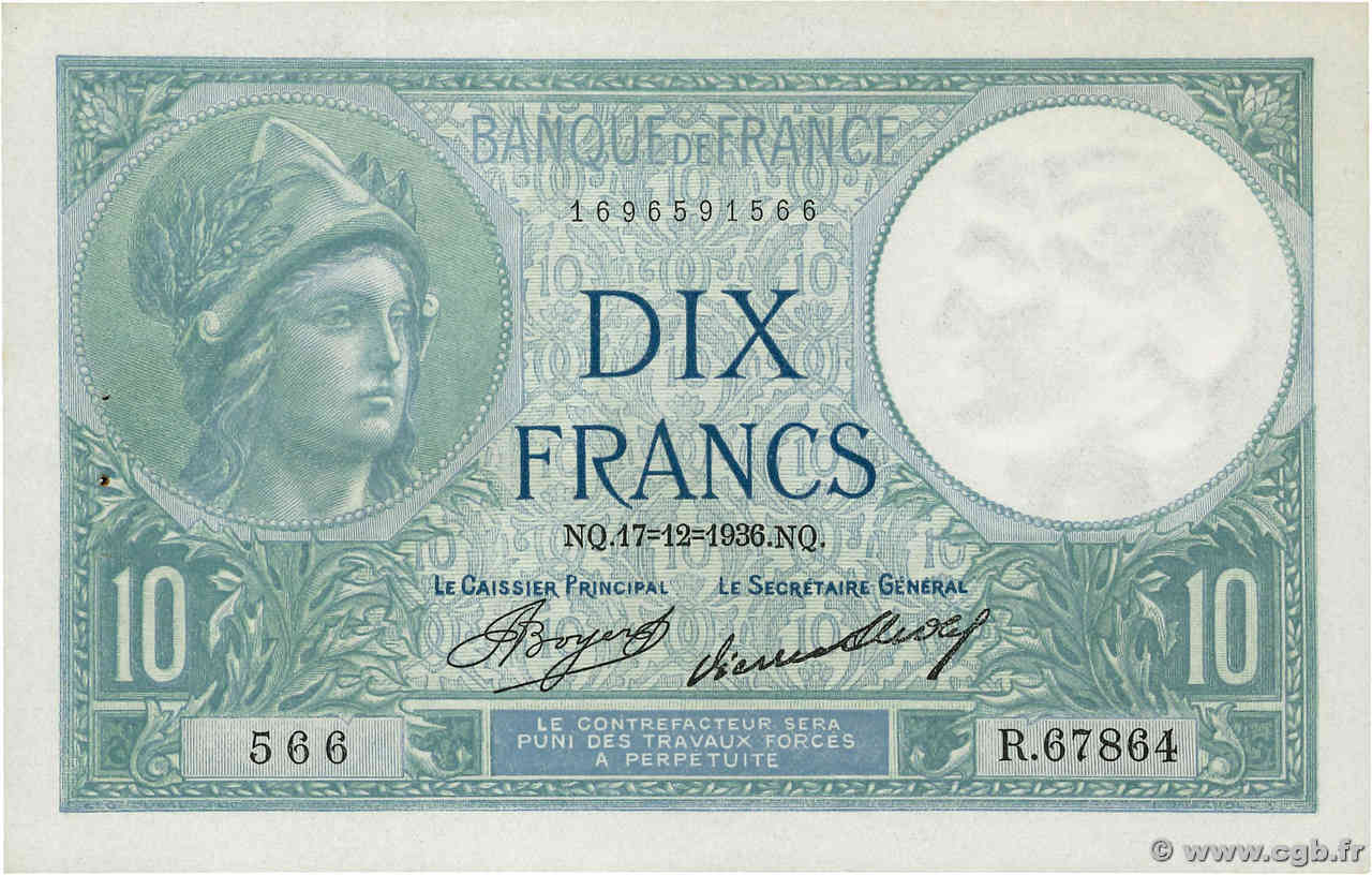 10 Francs MINERVE FRANCIA  1936 F.06.17 q.AU