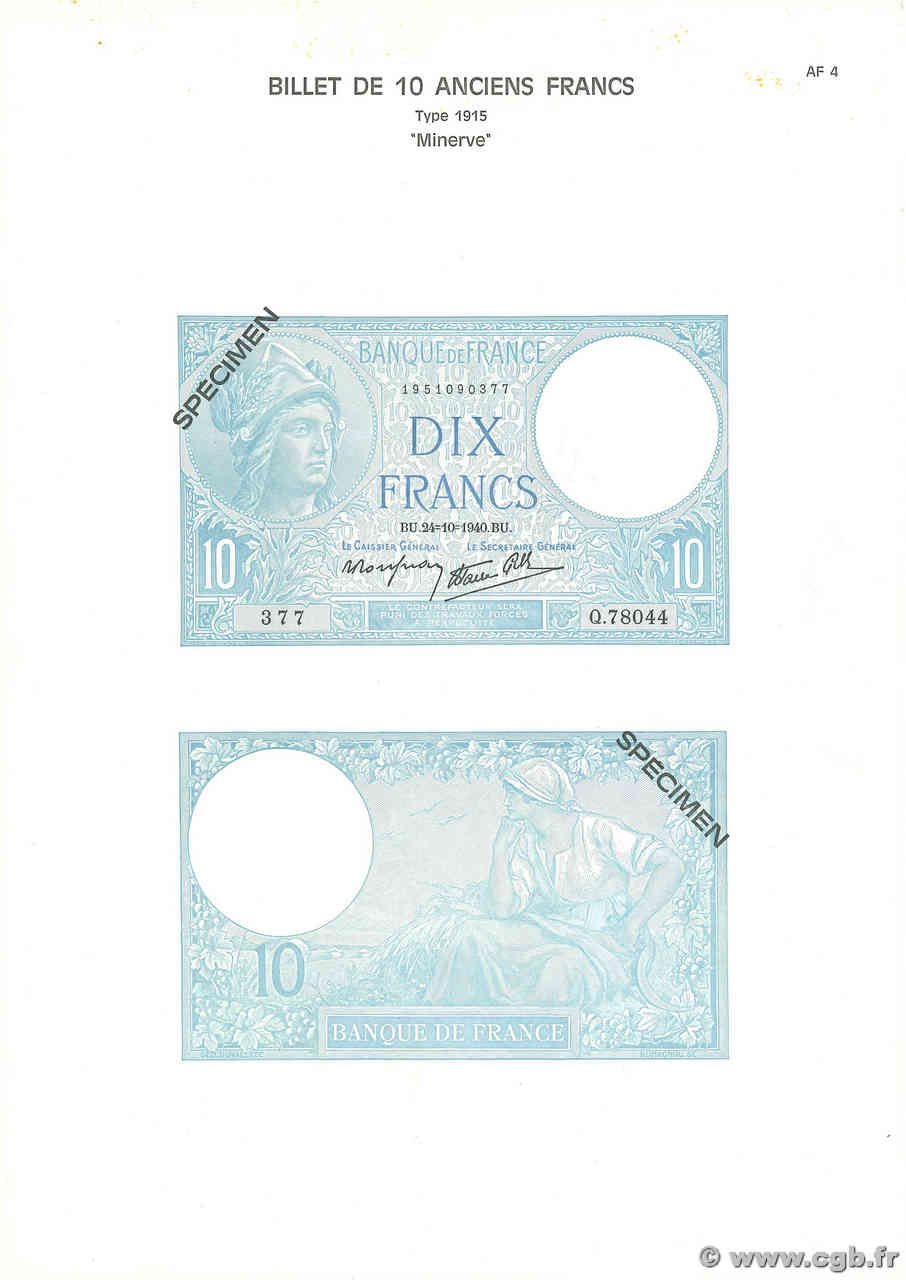 10 Francs MINERVE modifié Planche FRANCIA  1975 F.07pl FDC