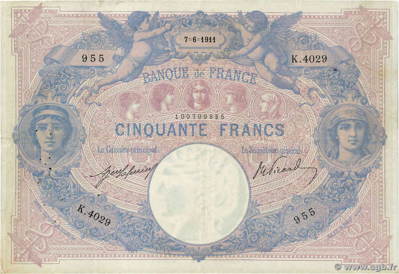 50 Francs BLEU ET ROSE FRANCE  1911 F.14.24a VF-