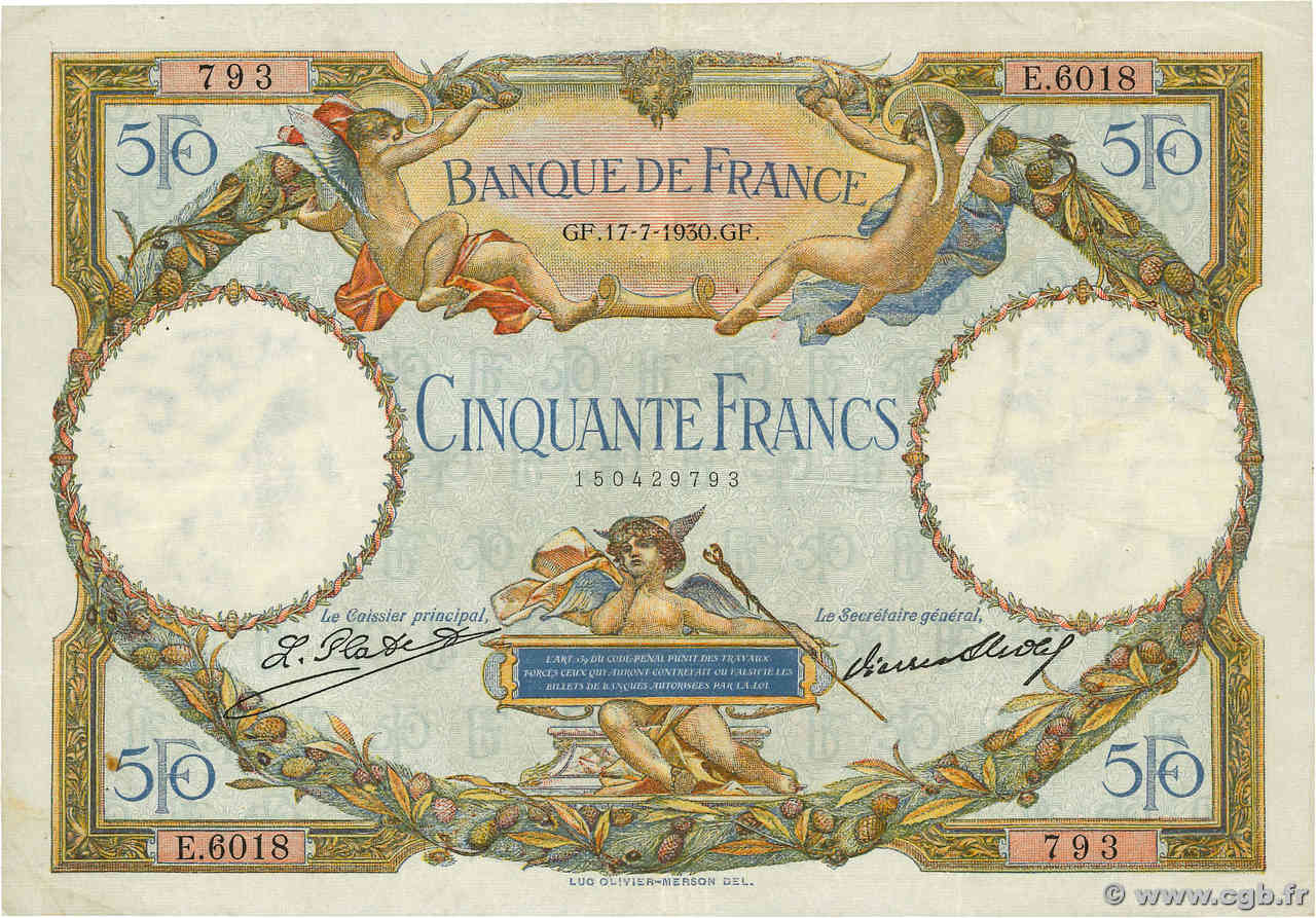 50 Francs LUC OLIVIER MERSON FRANCE  1930 F.15.04a TB+