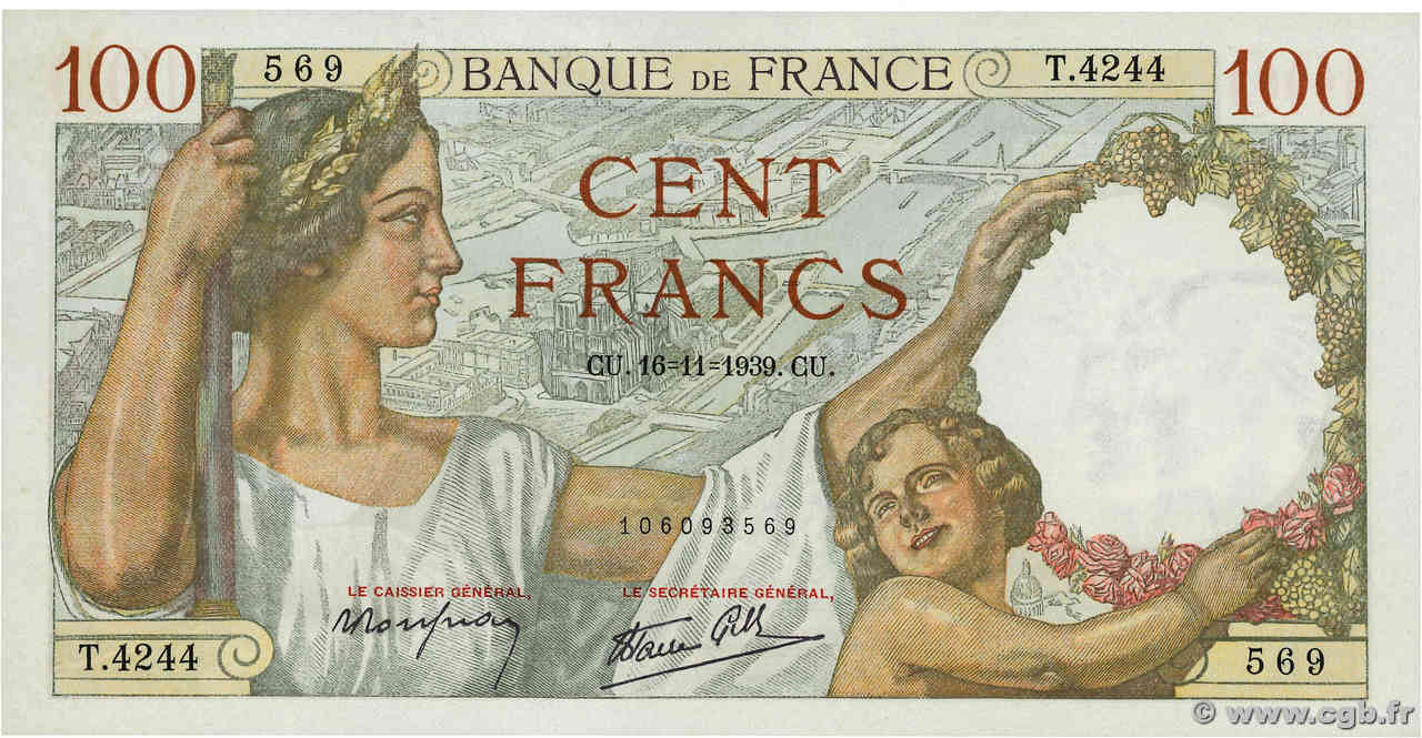 100 Francs SULLY FRANCE  1939 F.26.15 UNC-