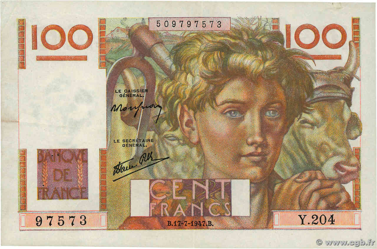100 Francs JEUNE PAYSAN Favre-Gilly FRANKREICH  1947 F.28ter.02 fVZ