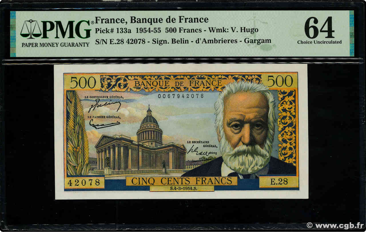 500 Francs VICTOR HUGO FRANKREICH  1954 F.35.02 fST+