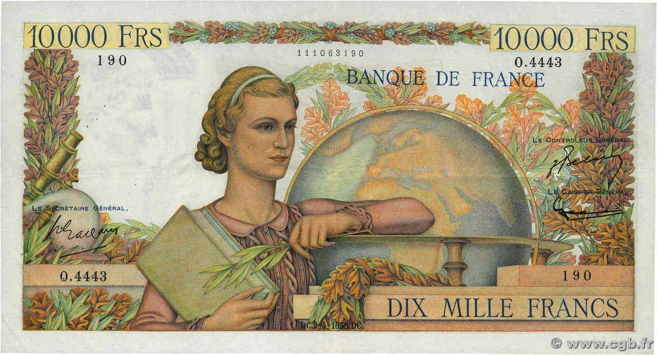 10000 Francs GÉNIE FRANÇAIS FRANCE  1953 F.50.64 VF+