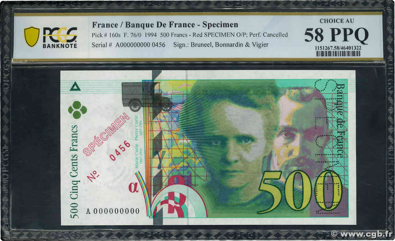 500 Francs PIERRE ET MARIE CURIE Spécimen FRANCIA  1994 F.76.01Spn SC