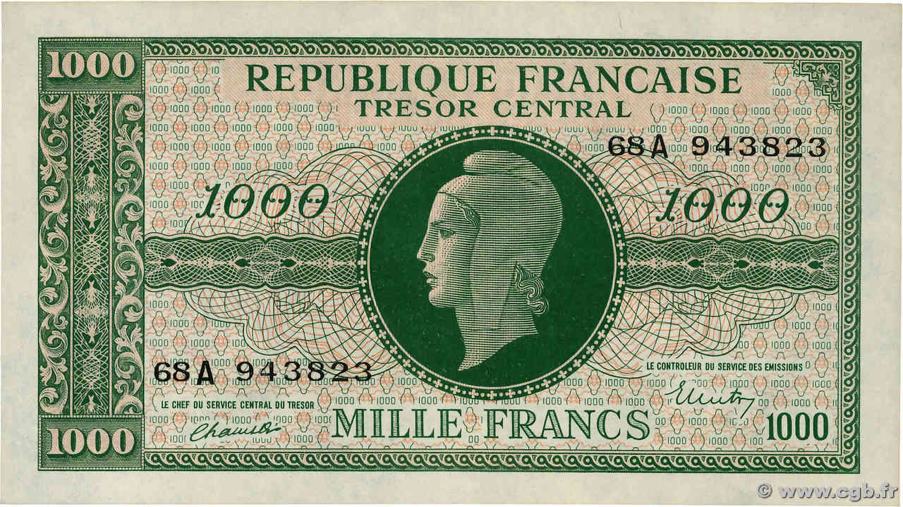 1000 Francs MARIANNE BANQUE D ANGLETERRE FRANCIA  1945 VF.12.01 AU+