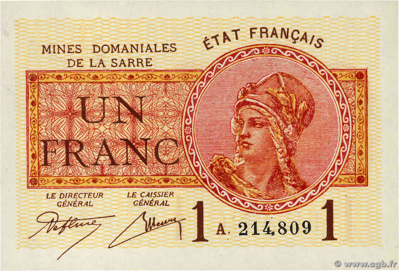 1 Franc MINES DOMANIALES DE LA SARRE FRANCE  1920 VF.51.01 UNC