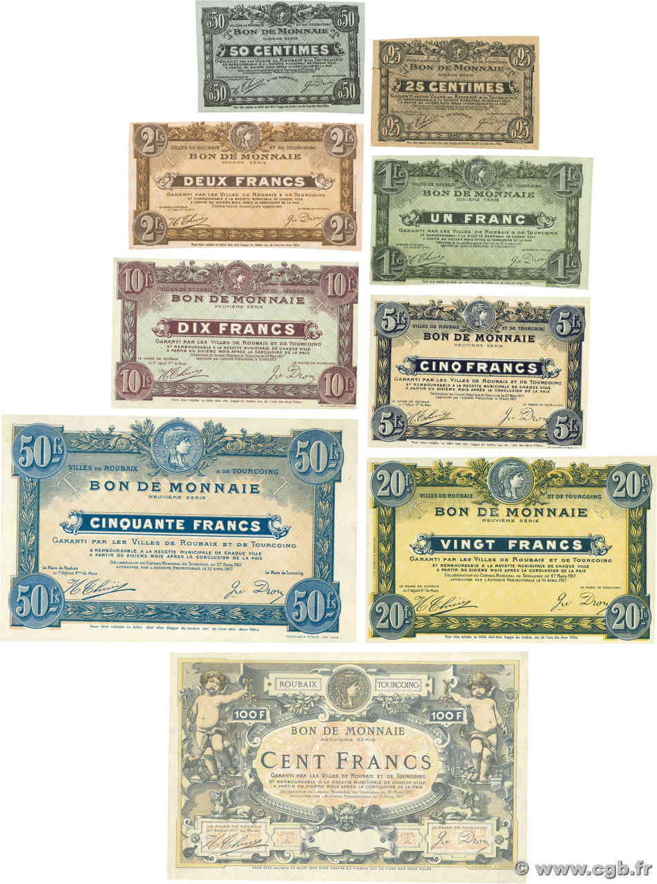 25 Centimes à 100 Francs Lot FRANCE regionalism and miscellaneous Tourcoing 1916 JP.59(lot) AU