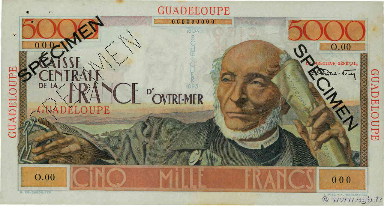 5000 Francs Schoelcher Spécimen GUADELOUPE  1952 P.38s XF+