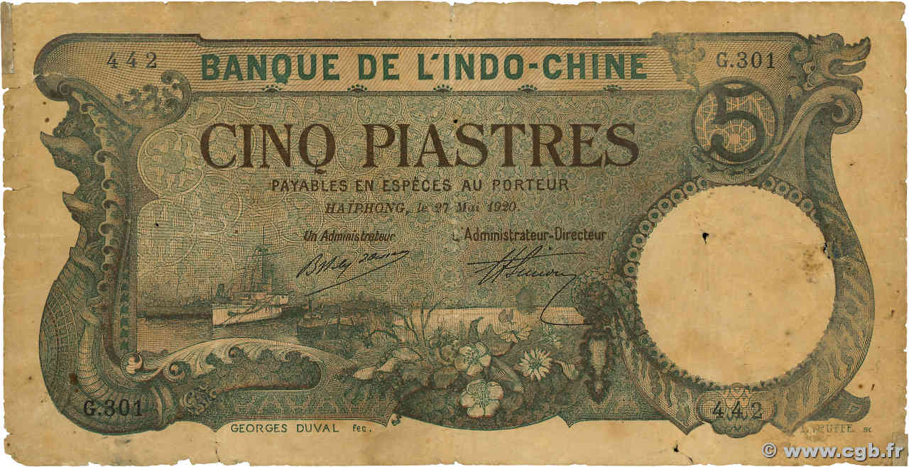5 Piastres FRENCH INDOCHINA Haïphong 1920 P.019 G