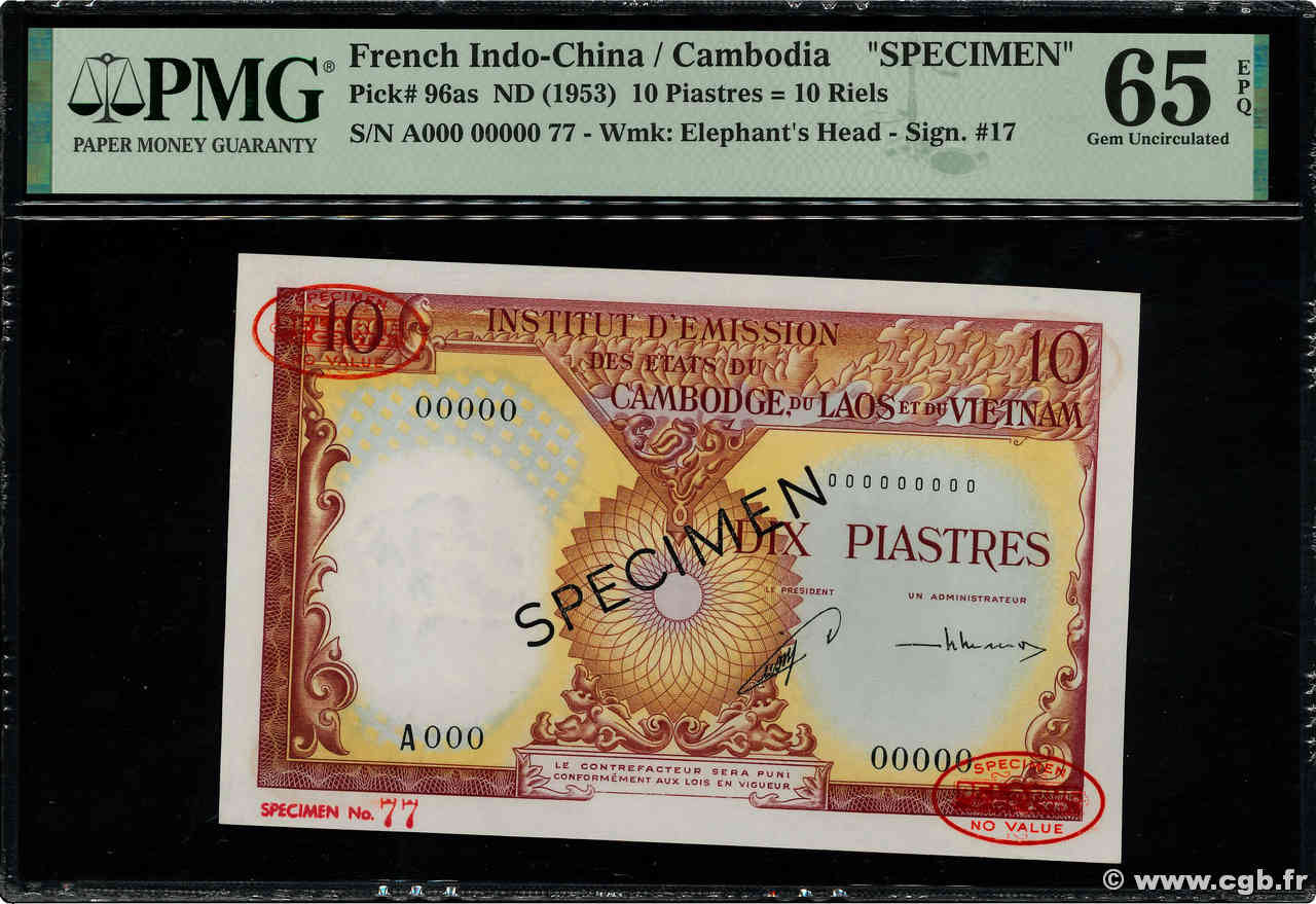 10 Piastres - 10 Riels Spécimen INDOCHINA  1953 P.096as FDC