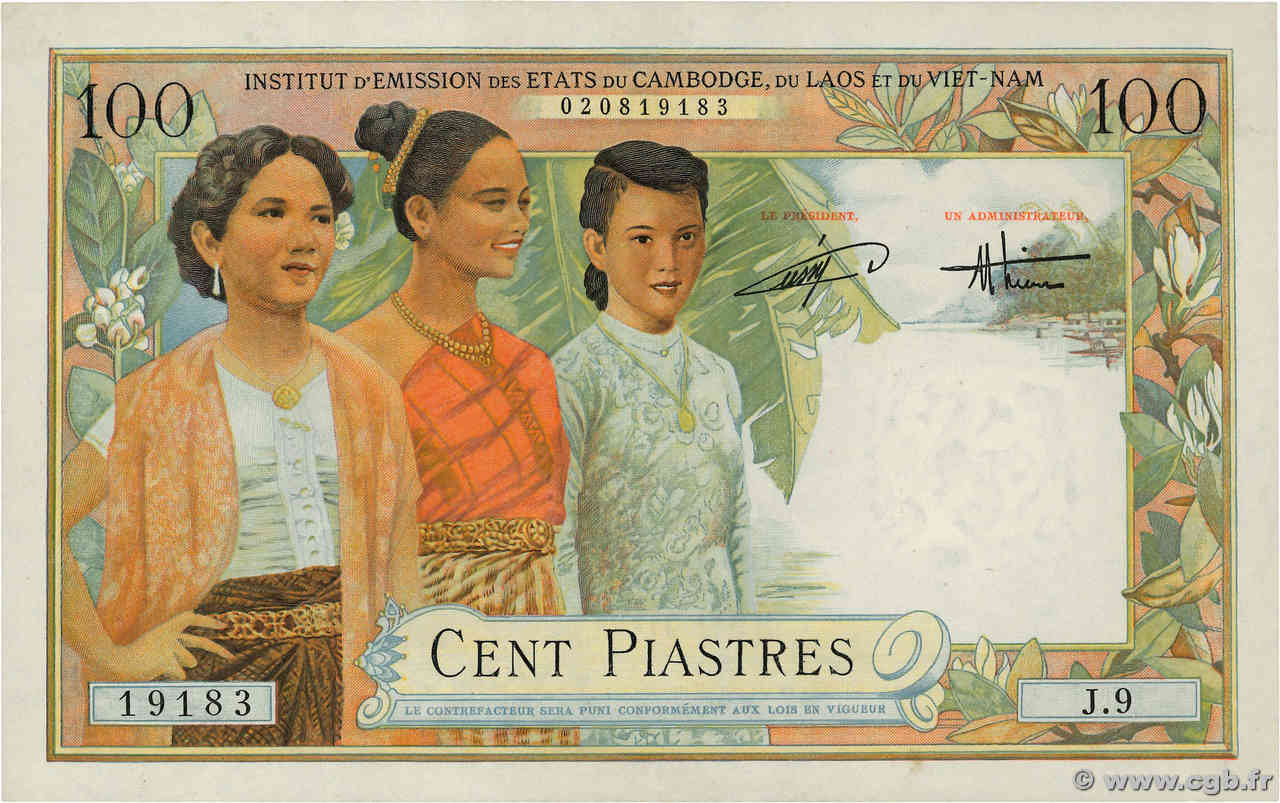 100 Piastres - 100 Dong INDOCINA FRANCESE  1954 P.108 q.FDC