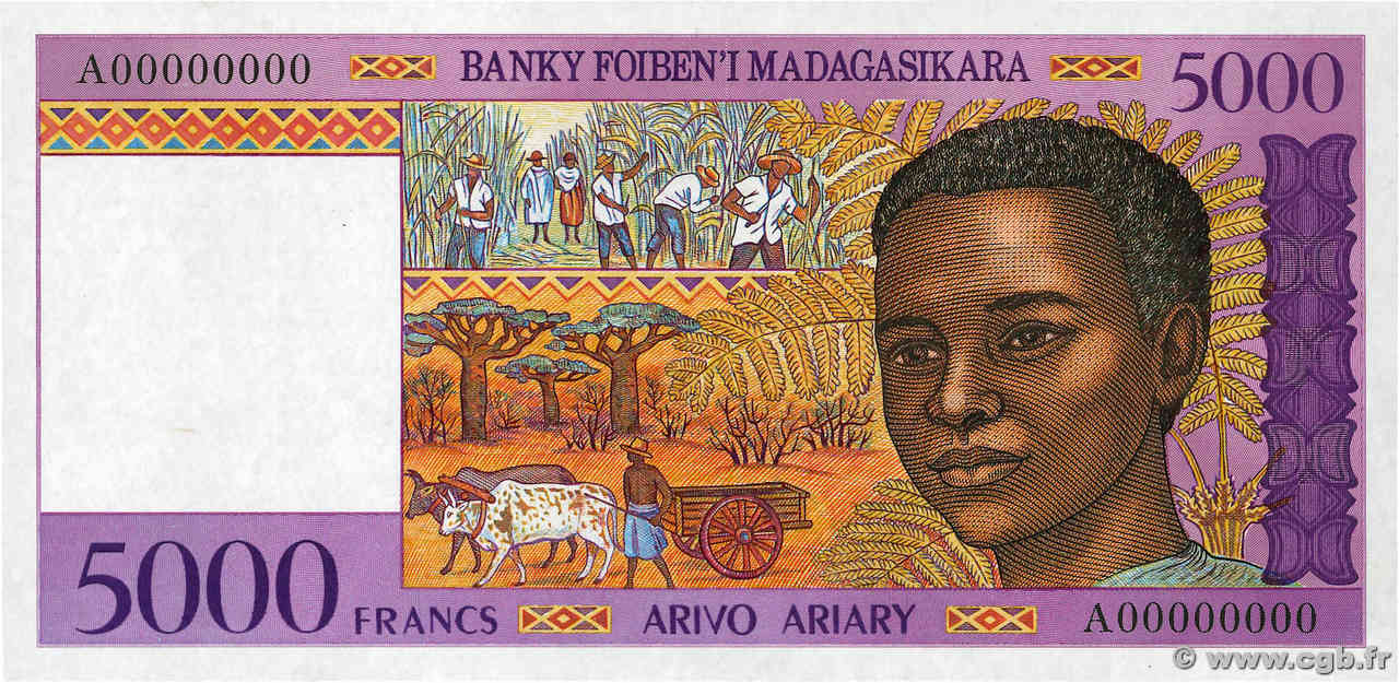 5000 Francs - 1000 Ariary Épreuve MADAGASCAR  1994 P.078s UNC-