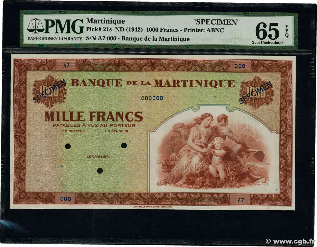 1000 Francs Spécimen MARTINIQUE  1943 P.21s UNC