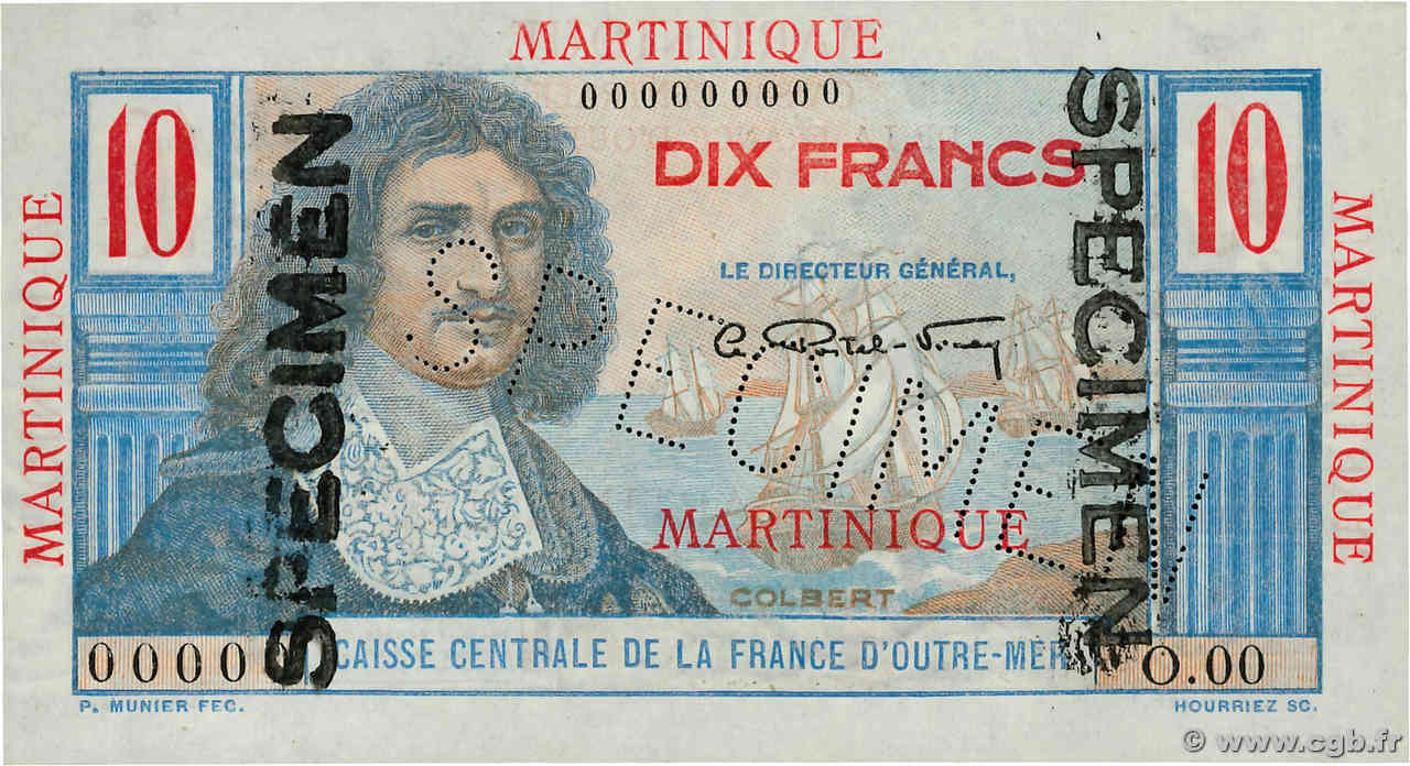 10 Francs Colbert Spécimen MARTINIQUE  1946 P.28s SC+