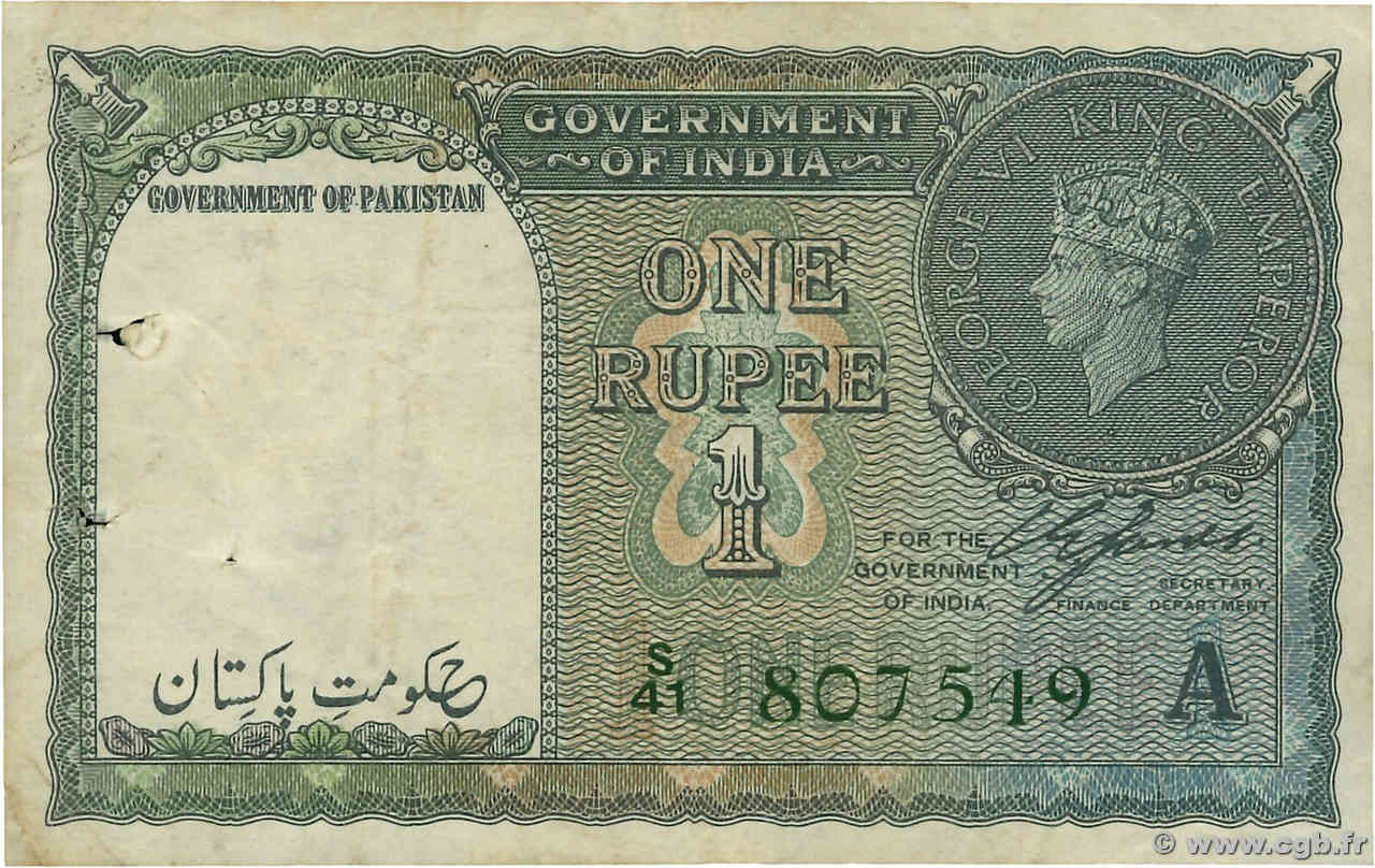1 Rupee PAKISTAN  1948 P.01 F+